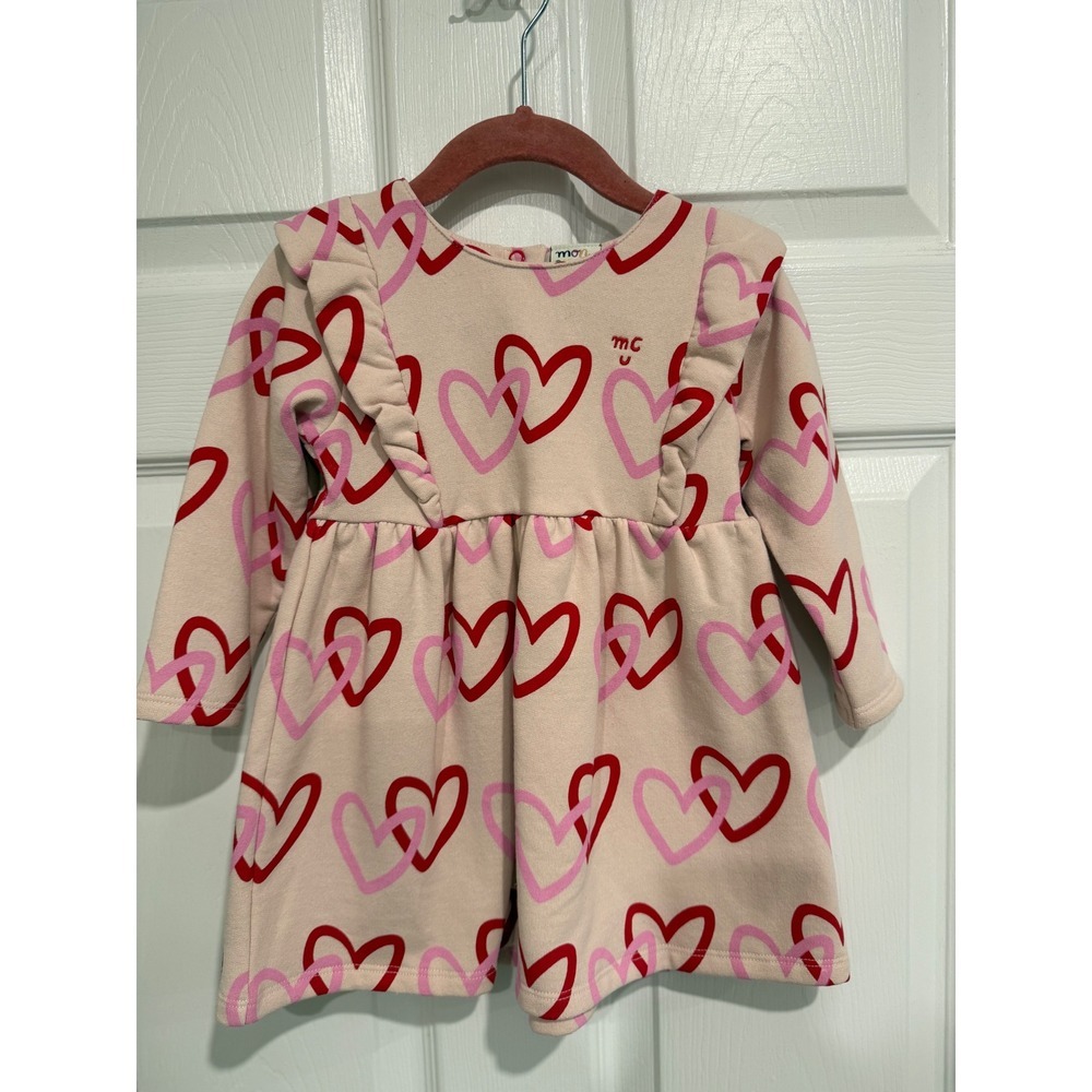 Mon Coeur Kids Heart Print Long Sleeve Ruffle Dress Recycled Cotton Pink 12-18M